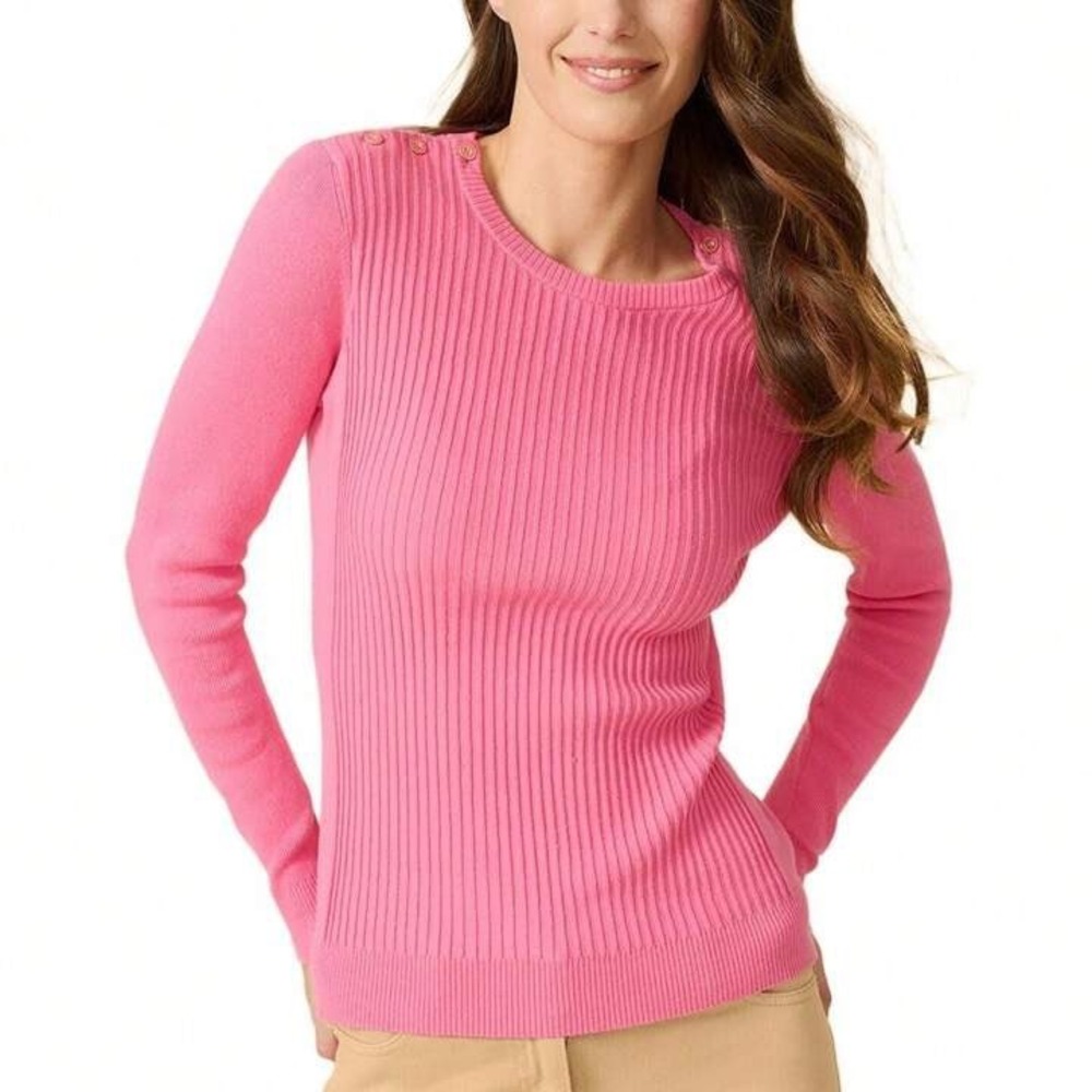 J. McLaughlin Women's Pink‎ Ribbed Knit Sweater Shoulder Buttons Size Large